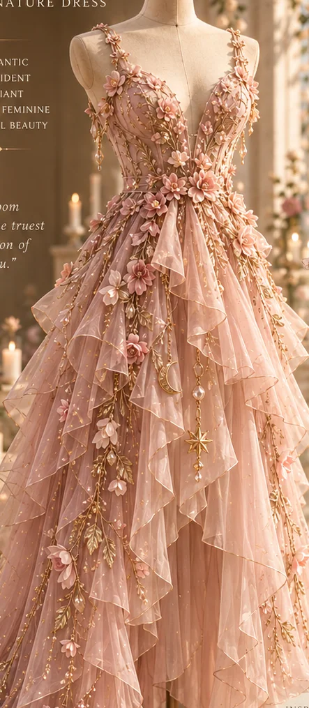 Flowing rose embroidered blush tiered dress