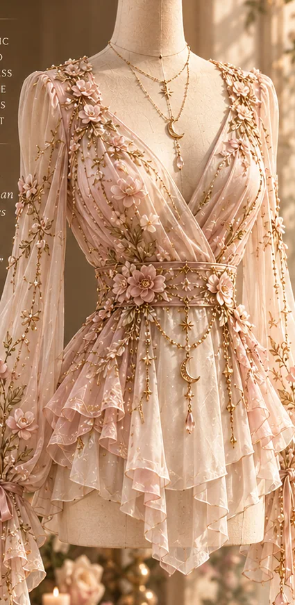 Romantic ivory and blush floral blouse with ruffled layers