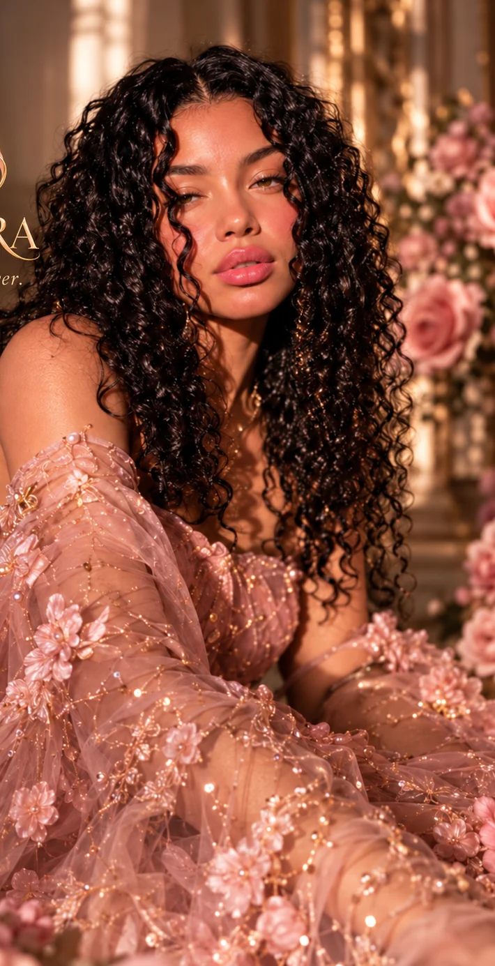 Romantic AURALAVEIRA campaign concept with a floral embroidered pink gown