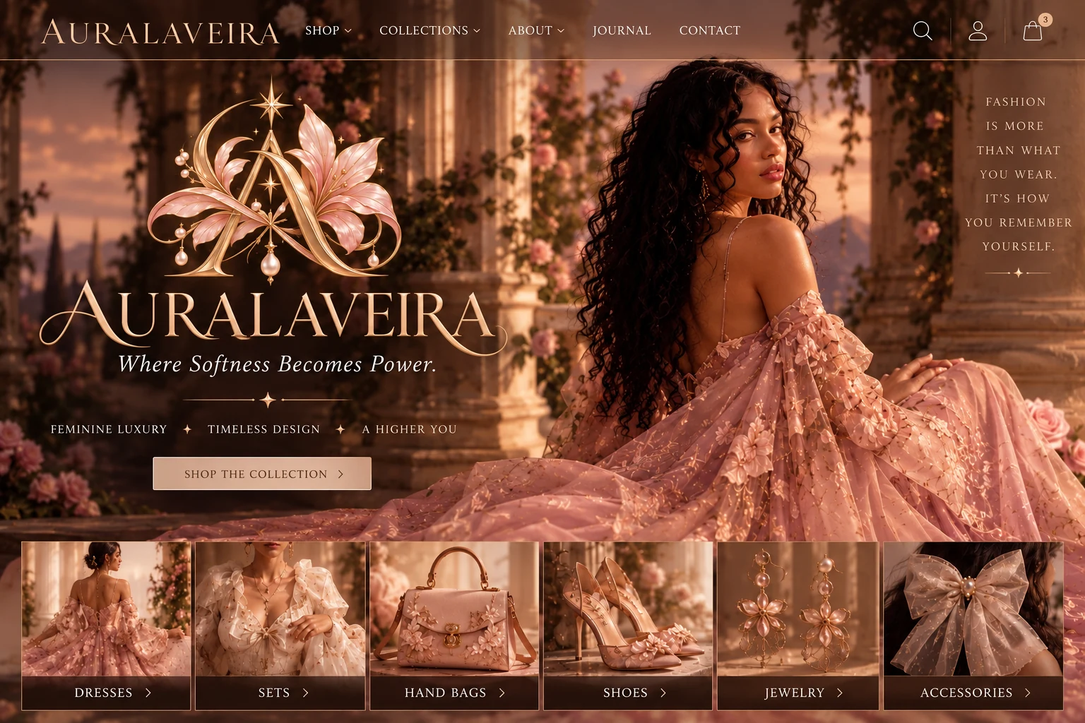 AURALAVEIRA luxury fashion campaign with a woman in a blush embroidered gown, champagne-gold floral A emblem, and six collection categories