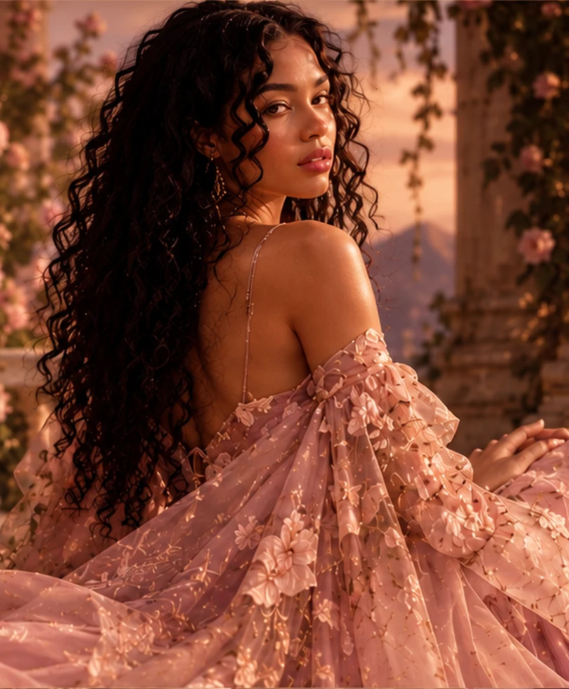 Woman wearing an embroidered pink couture gown in a rose-filled courtyard