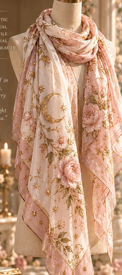 Ivory and blush scarf with rose and crescent embellishments