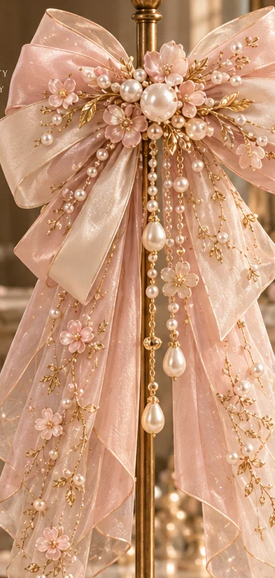 Blush pink pearl-embellished floral satin bow
