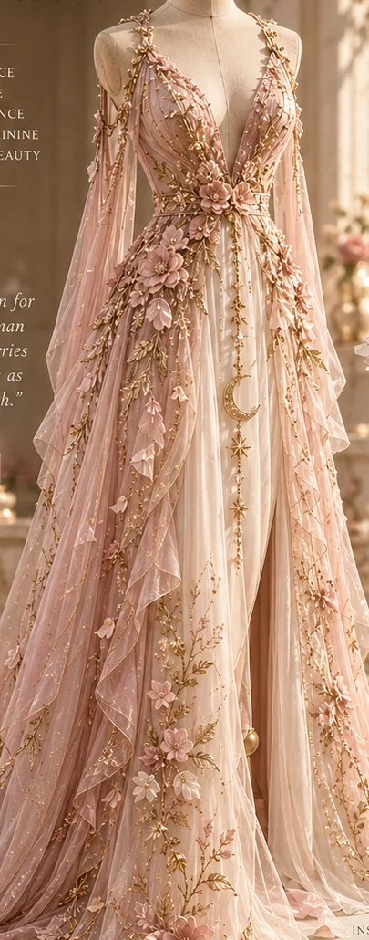 Elegant ivory and blush floral celestial-inspired gown